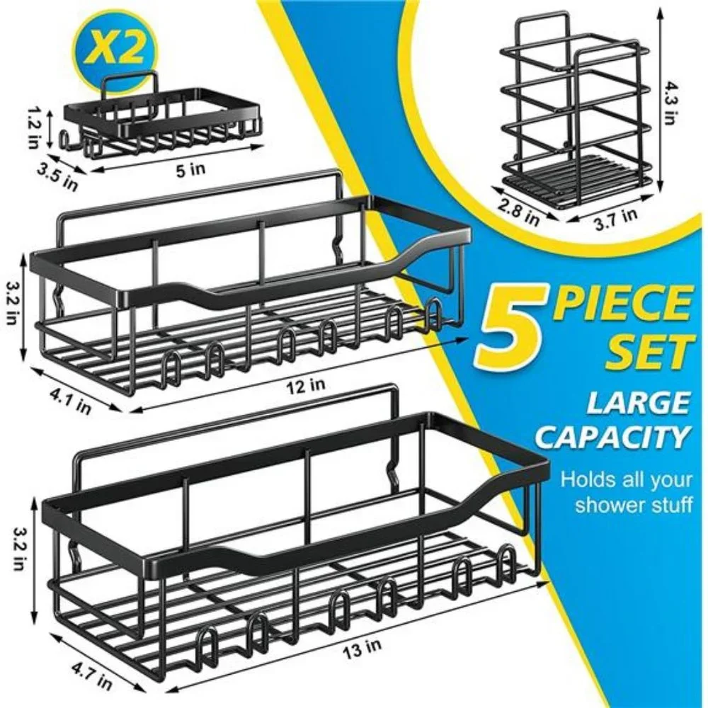 Shower Shelves [5-Pack], Adhesive Shower Organizer, Stainless Steel, Black